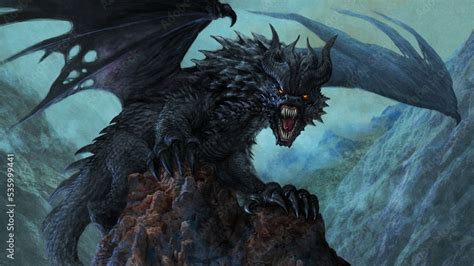 Fantasy black dragon - digital illustration Stock Illustration | Adobe ...