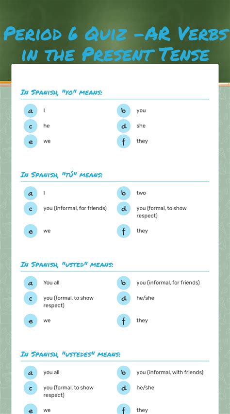 Period 6 Quiz Ar Verbs In The Present Tense Interactive Worksheet By Davelba Sanchez Duska