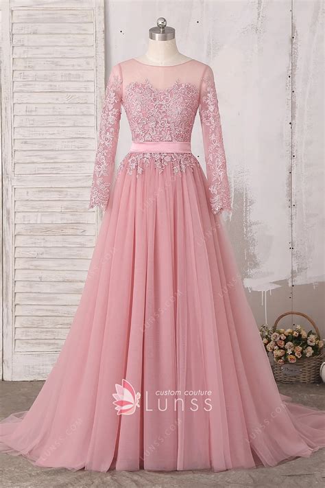 Elegant Dusty Pink Illusion Lace Tulle Long Evening Dress - Lunss