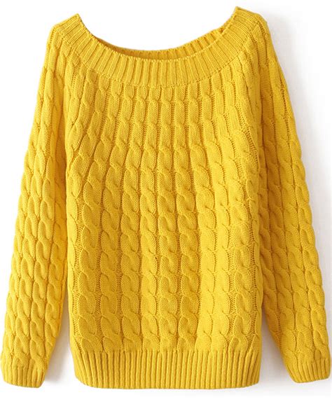 Yellow Long Sleeve Loose Cable Knit Sweater Shein Sheinside