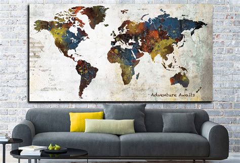 World Map Art Large Canvas Printworld Map Artworld Map Etsy World