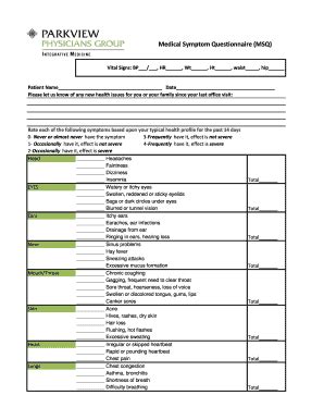 Fillable Online Medical Symptom Questionnaire Msq Parkview Health