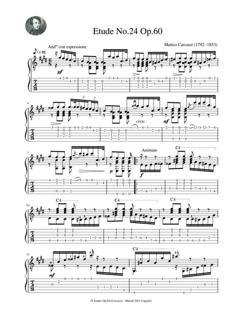 Etude No 24 Op 60 Carcassi Matteo 1792 1853 Tablature Sheet Music For Guitar Solo