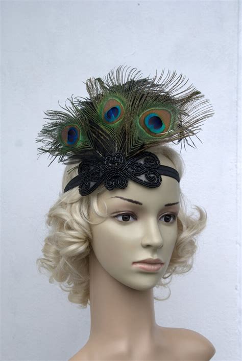 Black Peacock Flapper Feather Headband Great Gatsby Headpiece Etsy