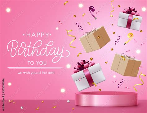 Happy birthday gifts vector design. Happy birthday text in pink ...