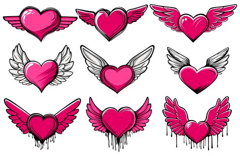 Set Hearts Angel Icon Doodle Pink Love With Wing Sticker Design Vector