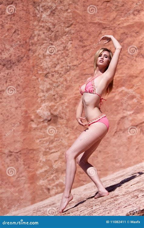 Beautiful Woman In Bikini On Red Rocks Stock Image Image Of Hairstyle