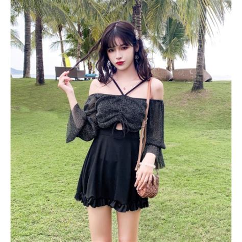 Bộ đồ bơi nữ liền mảnh dáng váy trễ vai phối tay nhũ siêu đẹp bikini áo tắm nữ BigBuy