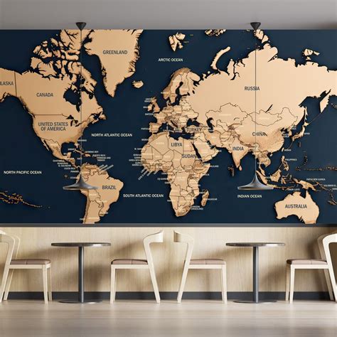 Navy Blue And Beige World Map Wallpaper For Home Office Wall