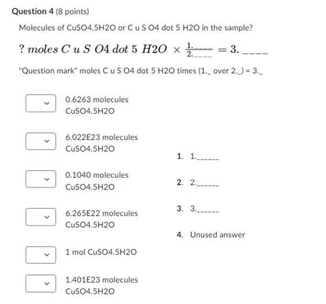 Solved Question 4 8 Points Molecules Of Cuso4 5h2o Or C U