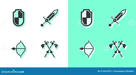 Set Crossed Medieval Axes Shield Medieval Bow And Arrow And Sword Icon Vector Stock Vector