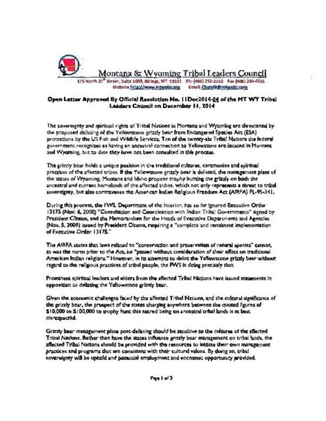 Montana And Wyoming Tribal Leaders Council Letter Wildlife