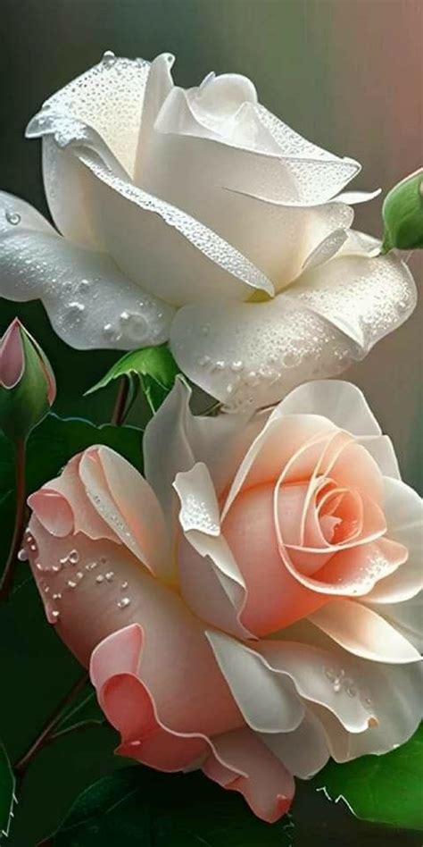 Two White Roses With Green Leaves And Water Droplets On Them Against A