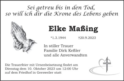 Traueranzeigen von Elke Maßing Saarbruecker Zeitung Trauer de