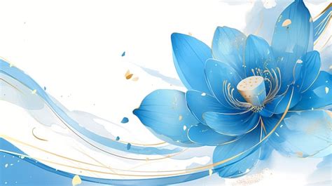 Asian Background With Blue And Gold Lotus Flower Leaves And Buds Yoga