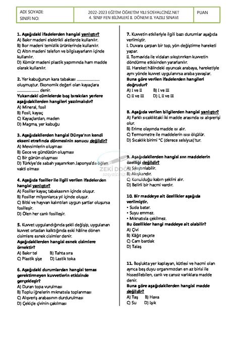 S N F Fen Bilimleri D Nem Yaz L Test Sosyalc N Z Net Sosyal