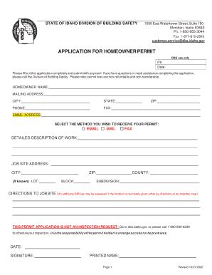 Fillable Online Dbs Idaho Homeowner Hvac Permit Application Division