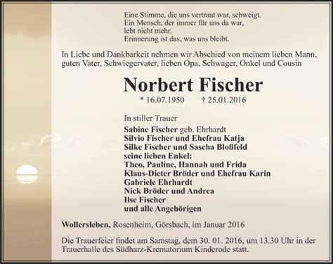 Traueranzeigen Von Norbert Fischer Trauer In Thueringen De