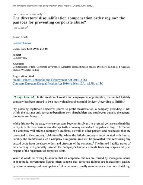 [2018 ] Dabor - The directors disqualification compensation order