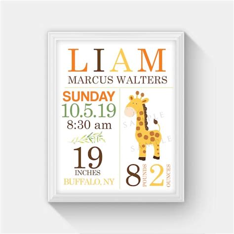 Giraffe Birth Announcement Baby Boy Jungle Birth Info Personalized