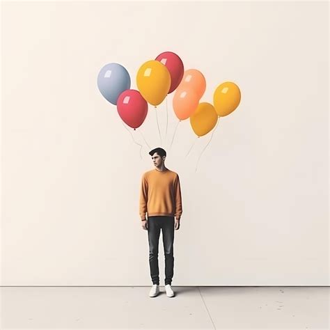 Ilustración de un hombre con globos coloridos volando en el aire fondo