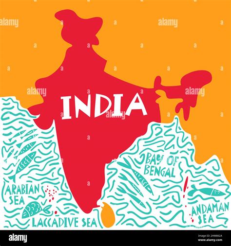 Vector Hand Drawn Stylized Map Of Indian Region With Waters Names