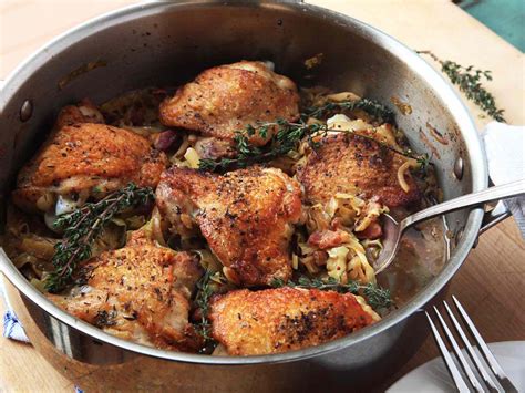 Crispy Braised Chicken Thighs With Cabbage and Bacon Recipe