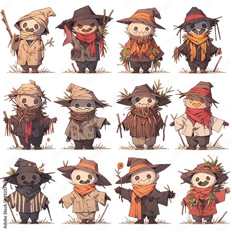 Whimsical Collection Of Charming Scarecrow Characters Each With Unique