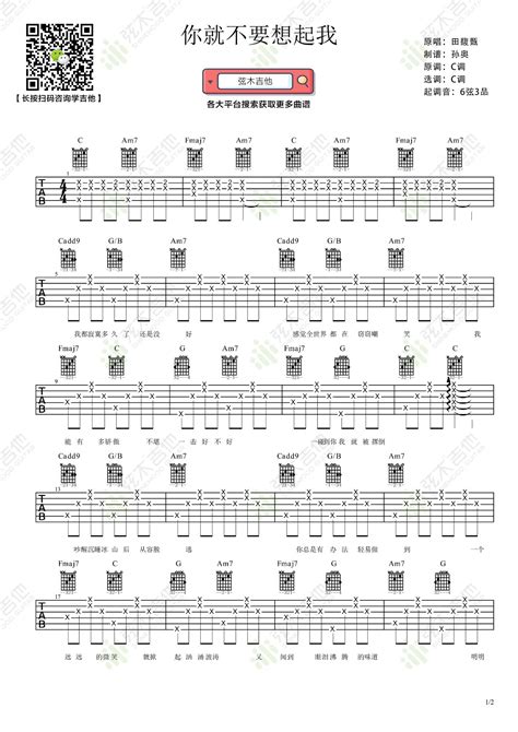 《你就不要想起我》吉他谱 田馥甄 C调弹唱六线谱 高清图片谱 吉他源