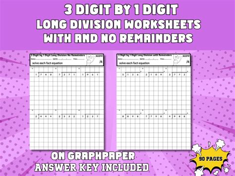 3 Digit By 1 Digit Long Division With And Without Remainders On Graph Paper Teaching Resources