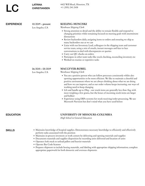 Warehouse Shipping Clerk Resume Samples Velvet Jobs