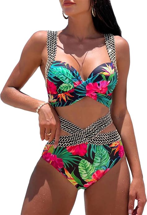 Amazon Wdirara Women S Piece Swimsuit Tropical Floral Print Criss Cross Push Up Bikini