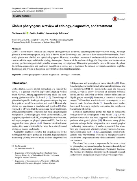 Globus Pharyngeus A Review Of Etiology Diagnostics And Treatment