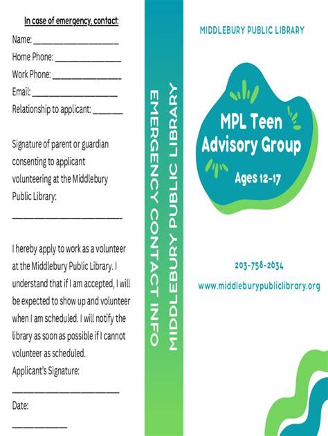 Fillable Online Mpl Teen Advisory Group Middlebury Public Library Fax