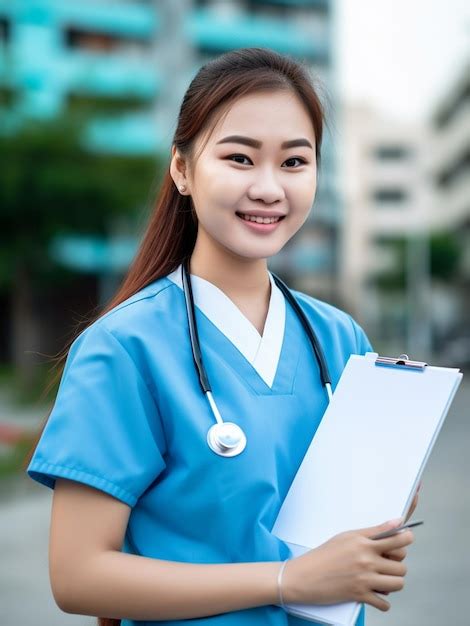 Uma Mulher De Uniforme Azul Segura Uma Prancheta Com Um Estetoscópio Em