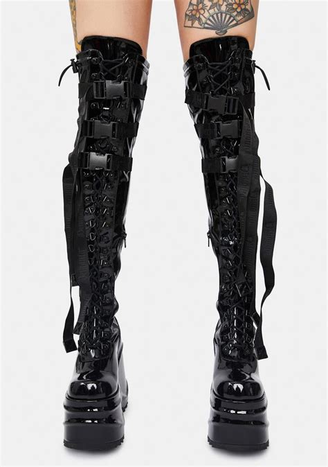 Demonia Wave 315 Patent Wedge Thigh High Boots Dolls Kill