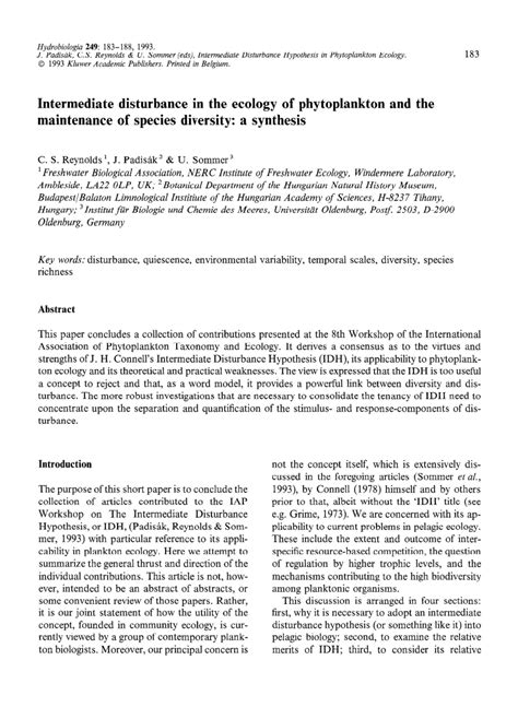 Pdf Intermediate Disturbance In The Ecology Of Phytoplankton And The