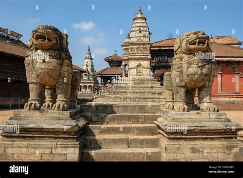 Stone Lions In Durbar Square In Bhaktapur Khatmandu Valley In Nepal