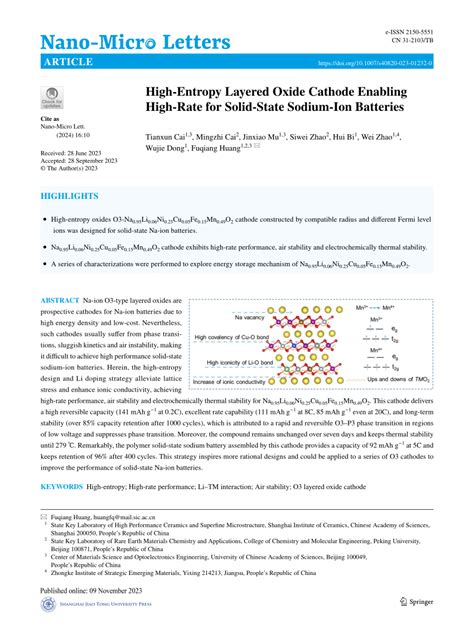 PDF High Entropy Layered Oxide Cathode Enabling High Rate For Solid