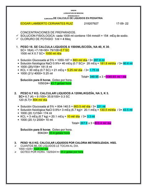 Calculo Liquidos EN Pediatria 2022 UNISON LICENCIATURA DE MEDICINA