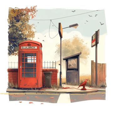 Illustration Of A Bus Stop And Telephone Box On A Road Bus Stop