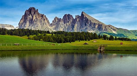 Alpe Di Siusi Dolomites Italy Sky Rocks Trees Landscape Clouds Water Hd Wallpaper Peakpx