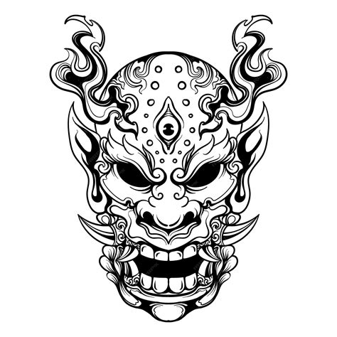 Premium Vector Hand Drawn Red Hannya Mask Oni Mask Line Art Black