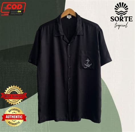 Baju Kemeja Pantai Hawai Pria Wanita Motif Polos Hitam Bordir Anchor