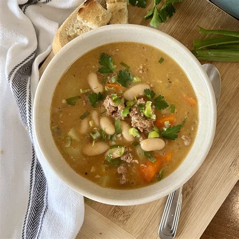 Hungarian Creamy Potato Sausage And Bean Soup Krumpli Bab Leves The