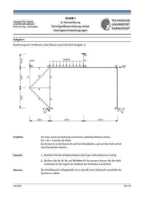 Uebung Sommersemester Statik I Institut F R Statik Und