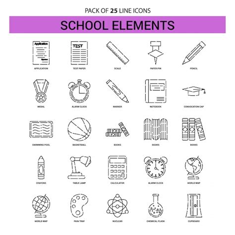 School Elements Line Icon Set Dashed Outline Style Premium Vector