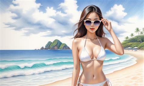 Asian Woman In Sexy White Bikini On Beach Stable Diffusion Tr C Tuy N