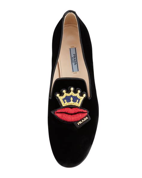 Prada Velvet Lip Embroidered Smoking Slipper In Black Lyst