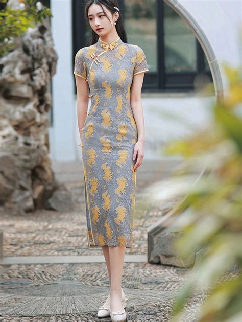 Gray Floral Lace Tea Cheongsam Qipao Dress Cozyladywear